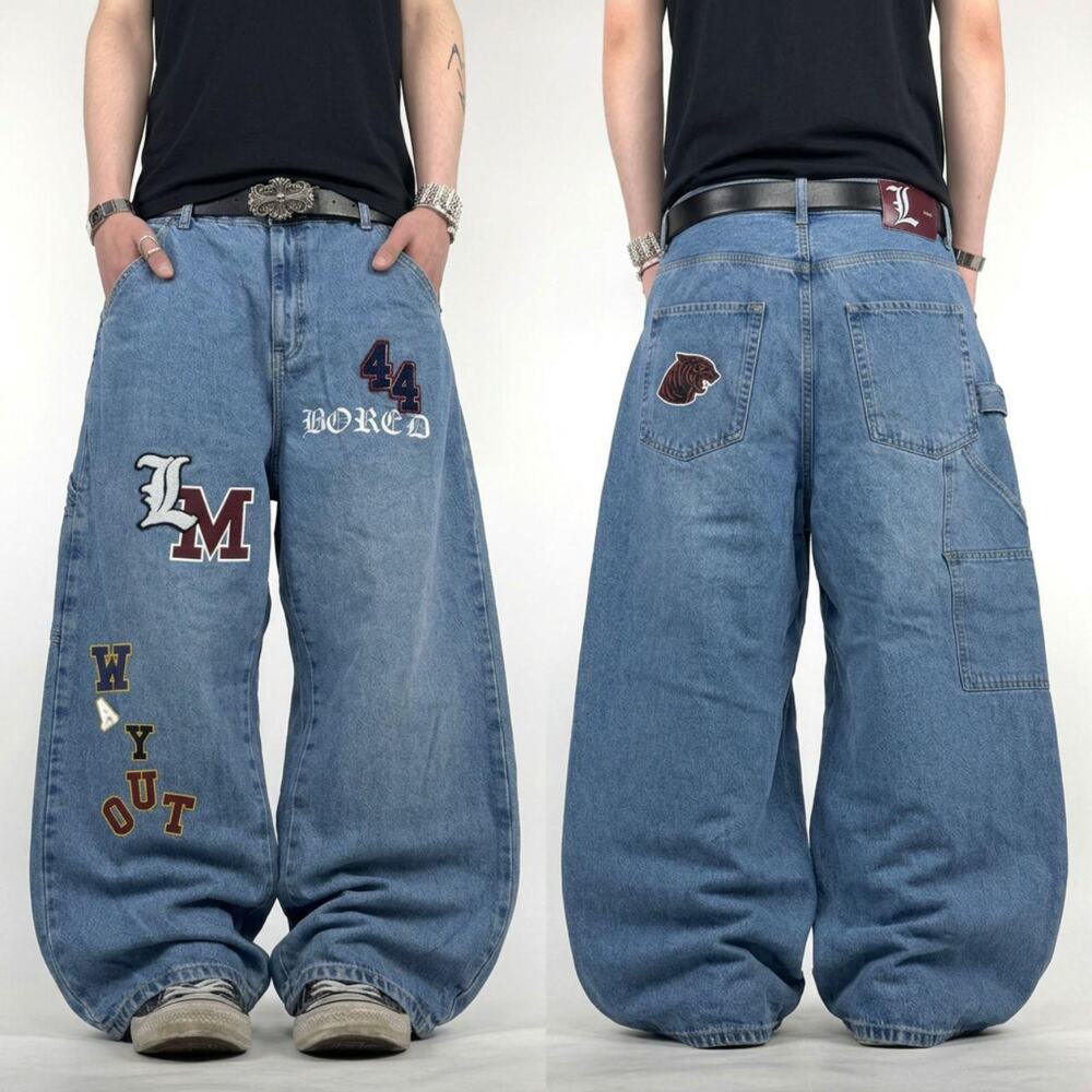Vintage y2k faded stonewash embroidered skater baggy wide leg jeans